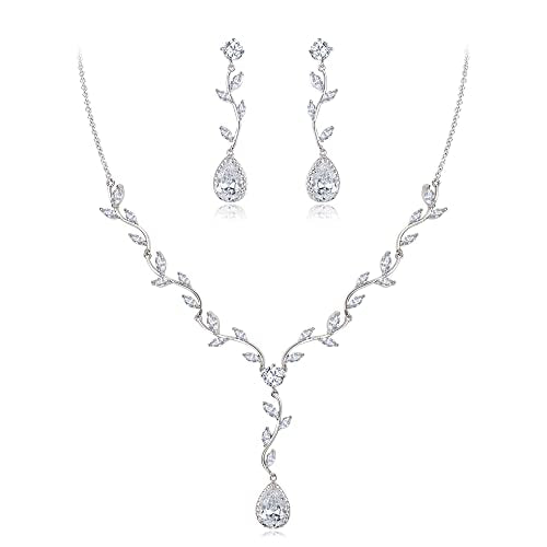 Crysdue Women's Wedding Bridal Jewelry Set for Brides Bridesmaids Cubic Zirconia Flower Leaf Vine Necklace Dangle Earrings for Prom Party - style: 5-silver