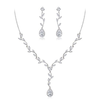 Crysdue Women's Wedding Bridal Jewelry Set for Brides Bridesmaids Cubic Zirconia Flower Leaf Vine Necklace Dangle Earrings for Prom Party - style: 5-silver