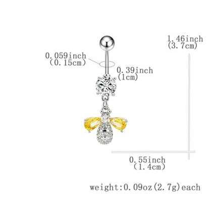 14G Bee Dangle Belly Button Ring, Cubic Zirconia Crystal Honeybee Navel Piercing Barbell Belly Body Jewelry for Women - color: Silver