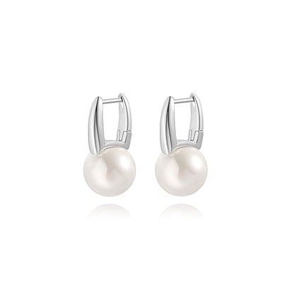 925 Sterling Silver Hoop Handpicked AAA+ Quality 7.5-8mm White Freshwater Cultured Pearl Dangle Drop Earrings Jewelry for Women - color: 7. Silver Plated Barrel