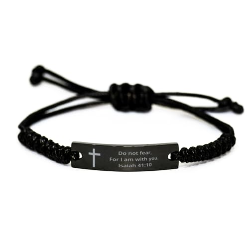 Personalized Christian Bible Verses Black Rope Bracelet Inspirational Scripture ID Cross Religious Quote Faith God Engraved Adjustable Customized Gifts for Men Women Kiss Him Husband Father Bois - style: Cross+Isaiah 41:10