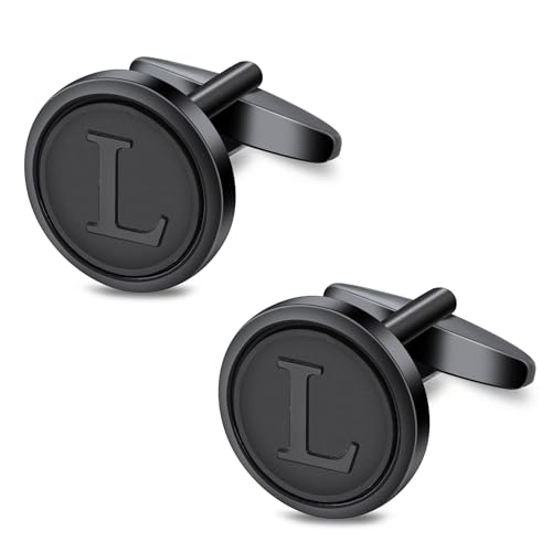 Initial Letter A-Z Cufflinks for Men Silver/Gold/Black Cufflinks 26 Alphabet Letter Copper Cufflinks for Formal Occasions Gifts Anniversary Business Wedding for Bridegroom Groomsmen - size: Black, style: Initial: L