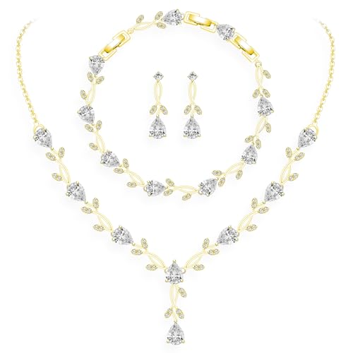 GZWHD Wedding Jewelry Sets for Bride Bridesmaid Women Cubic Zirconia Necklace Earrings Bracelet Set Gift for Mother Friend Wife Daughter Sister Party Prom Jewelry - color: Gold-White