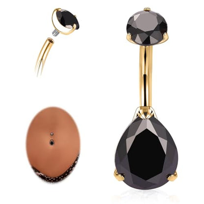AROWRO Gold Belly Button Ring G23 Titanium Hypoallergenic 14G belly ring for Women Men Teardrop Navel Piercing Jewelry 10mm Barbell With Cubic Zircon - color: Gold+Teardrop Black CZ