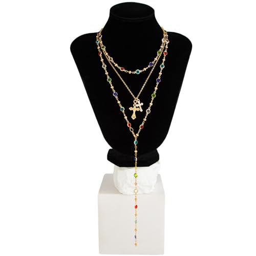 Layered Cross Necklace Set for Women, Layered Choker Necklaces Trendy Jewelry, Colorful Enamel Beaded Y-Shaped Lariat Necklace, Boho Multilayer Cross Necklace for Party and Daily Wear - color: Gold-13