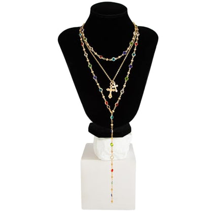 Layered Cross Necklace Set for Women, Layered Choker Necklaces Trendy Jewelry, Colorful Enamel Beaded Y-Shaped Lariat Necklace, Boho Multilayer Cross Necklace for Party and Daily Wear - color: Gold-13