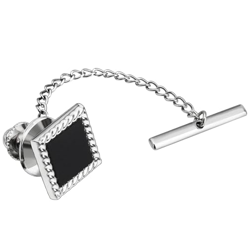 HAWSON Black Stone Tie Tack for Men Tie Pin with Chain for Wedding Birthday Anniversary Party - color: silver tone