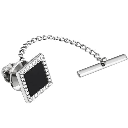 HAWSON Black Stone Tie Tack for Men Tie Pin with Chain for Wedding Birthday Anniversary Party - color: silver tone