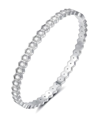 Joo&Rind Gold Bangle Bracelets for Women 18K Gold Plated Stainless Steel Bracelet Oval Hinged Bangles for Small Wrists Non Tarnish Waterproof with Cubic Zirconia Jewelry Gift for Everyday Wear Birthday - color: Zirconia-Edged Bangle-Silver
