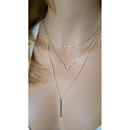Turandoss Gold Layered Necklaces for Women - 14K Gold Plated Handmade Multilayer Bar Pearls Coin Disc Moon Butterfly Medallion Adjustable Dainty Layered Choker Necklaces for Women Jewelry - style: 3PCS Silver - Chain&Triangle&Bar