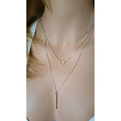 Turandoss Gold Layered Necklaces for Women - 14K Gold Plated Handmade Multilayer Bar Pearls Coin Disc Moon Butterfly Medallion Adjustable Dainty Layered Choker Necklaces for Women Jewelry - style: 3PCS Silver - Chain&Triangle&Bar
