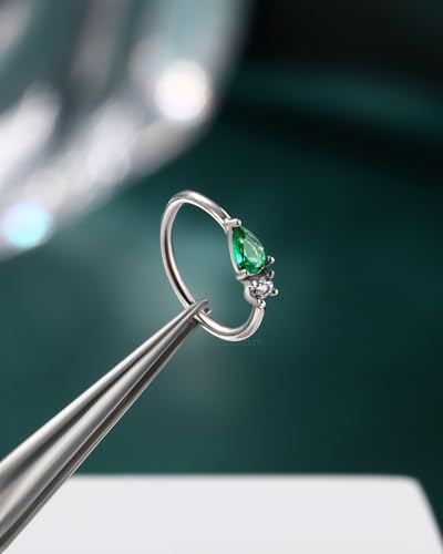 20G 925 Sterling Silver Small Thin Nose Ring Hoop for Women, Silver 7mm - 8mm Adjustable Half Hoop Nostril Piercing Jewelry - color: Emerald CZ