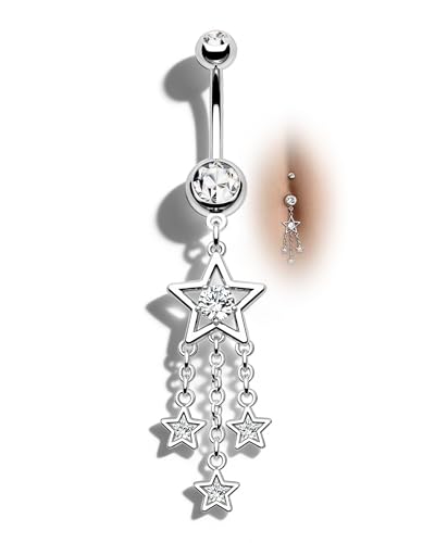 Dangle Belly Button Rings 14G Star Dangly Belly Navel Rings for Women Silver Belly Piercing Jewelry Dangling Stainless Steel - color: Silver