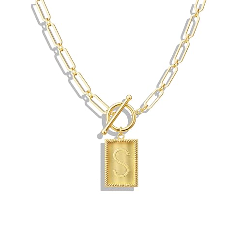 Tewiky Gold Initial Necklaces for Women, Square Letter Pendant Necklace | Toggle Clasp，Trendy 14K Gold Plated Dainty Paperclip Chain Necklaces for Women，Jewelry Gifts - style: Gold S
