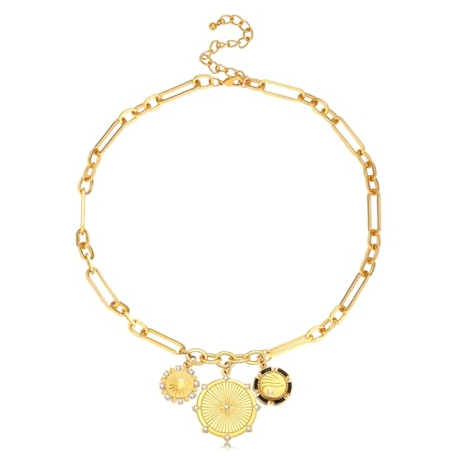 Chunky Gold Necklace for Women, 18K Waterproof Heart Necklace Statement Necklace Gold Charm Necklace Chunky Jewelry Paperclip Chain Choker Gift for Women - style: Three Coin