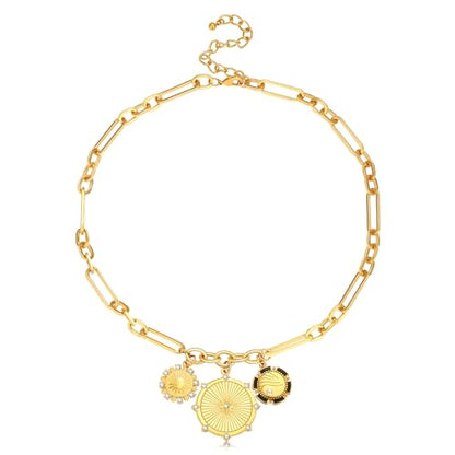 Chunky Gold Necklace for Women, 18K Waterproof Heart Necklace Statement Necklace Gold Charm Necklace Chunky Jewelry Paperclip Chain Choker Gift for Women - style: Three Coin