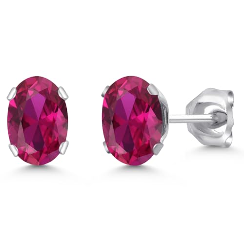 Gem Stone King Oval Gemstone Birthstone Stud Earrings for Women Men | Oval Cut 7X5MM | Fine Jewelry Gifts for Mom Dad Wife Him Her - style: Created Ruby, July