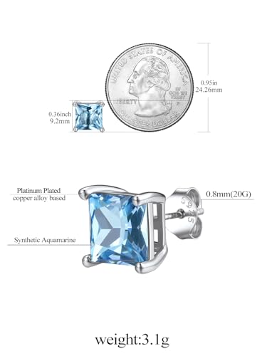 FindChic 2 Carat Birthstone Stud Earrings for Women, Round/Heart/Princess Cut Stud Earrings, Hypoallergenic Studs with 925 Sterling Silver Posts, 12 Months Birthday Jewelry Gift - color: 03. March-Aquamarine(Princess Cut)