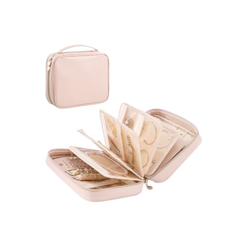 Lolalet Travel Jewelry Notebook Organizer Case, Large Jewelry Binder Book with Individual Pouches, Portable Leather Zippered Bag for Storage of Earring, Ring & Necklace, Gift for Women -Apricotpink - color: Apricotpink