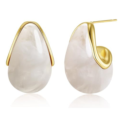 SNGIA Oval C Shape Chunky Dangle 18K Gold Plated Hoops with Colored Resin Gemstone Statement Earrings for Women by SNGIA, (Green, Brown, Blue, Pink, White, Cream), Long Bold Drop Handmade Exaggerated Irregular Trendy Bohemian Jewelry Gifts, Unique Danglin