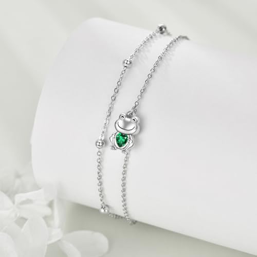 POPLYKE Frog/Pearl/Dragonfly/Ladybug/Highland Cow/Pearl/Moonstone Anklets Sterling Silver Double Layered Chain Beach Anklets for Women Foot Jewelry - style: Frog Anklets