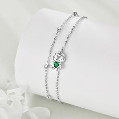POPLYKE Frog/Pearl/Dragonfly/Ladybug/Highland Cow/Pearl/Moonstone Anklets Sterling Silver Double Layered Chain Beach Anklets for Women Foot Jewelry - style: Frog Anklets