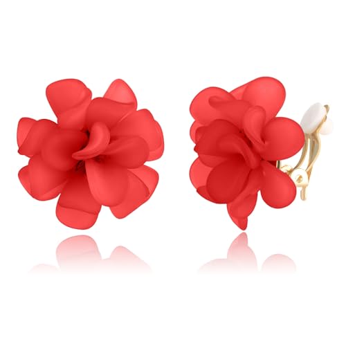 LAXPICOL Fashion Flower Clip On Earrings For Women Cute Lovely Acrylic Flower Earrings No piercing Earrings - color: red