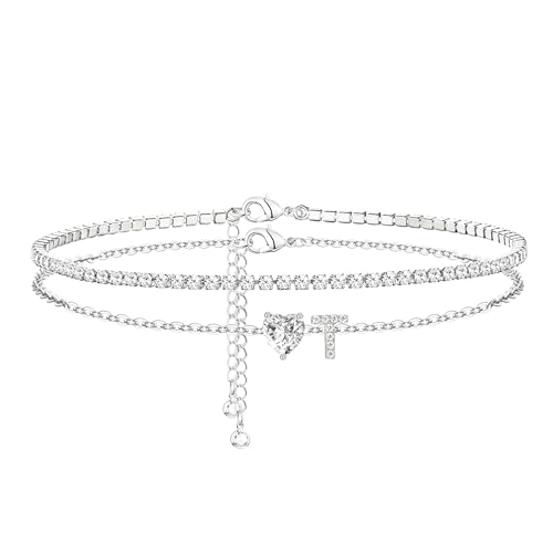 Heart Initial Silver Anklets for Women Waterproof Dainty Silver Plated ankle bracelets for women Large Ankle Women's Anklets Tennis ankle bracelets Non Tarnish Summer Beach Foot Jewelry - style: Silver-T