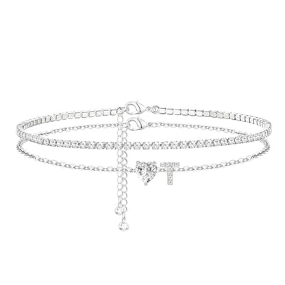 Heart Initial Silver Anklets for Women Waterproof Dainty Silver Plated ankle bracelets for women Large Ankle Women's Anklets Tennis ankle bracelets Non Tarnish Summer Beach Foot Jewelry - style: Silver-T