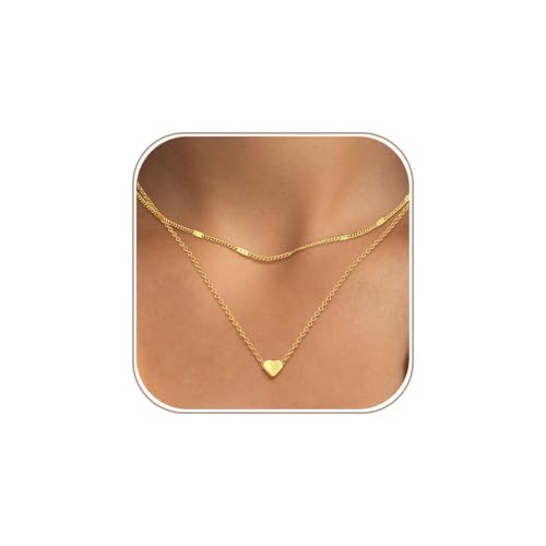 Layered Gold Necklace Set for Women Dainty Waterproof Cute Choker | 14K Gold Plated Minimalist Non Tarnish Lightweight CZ Pendant Pearl Twist Paperclip Chain Jewelry Gifts - style: 2PCS-Heart pendant-GD