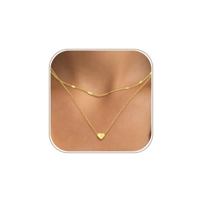 Layered Gold Necklace Set for Women Dainty Waterproof Cute Choker | 14K Gold Plated Minimalist Non Tarnish Lightweight CZ Pendant Pearl Twist Paperclip Chain Jewelry Gifts - style: 2PCS-Heart pendant-GD