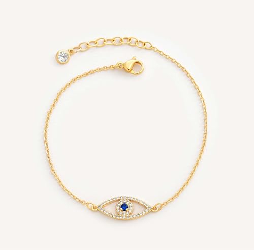 MEVECCO Dainty Chain Bracelets for Women, Layered and Charm Styles | 14K Gold Plated Brass, Select Cubic Zirconia Accents, Single and Multi-Row Structures for Refined Everyday Wristwear - style: Blue CZ Evil Eye