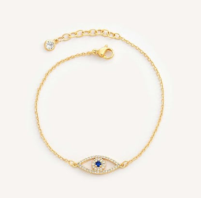 MEVECCO Dainty Chain Bracelets for Women, Layered and Charm Styles | 14K Gold Plated Brass, Select Cubic Zirconia Accents, Single and Multi-Row Structures for Refined Everyday Wristwear - style: Blue CZ Evil Eye