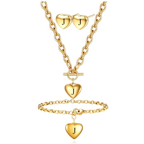 Women's 3 Pieces Heart Name Initial Necklace, Bracelet, Earrings, Jewelry Set Stainless Steel A-Z letters Jewelry Suits - color: Gold, size: J