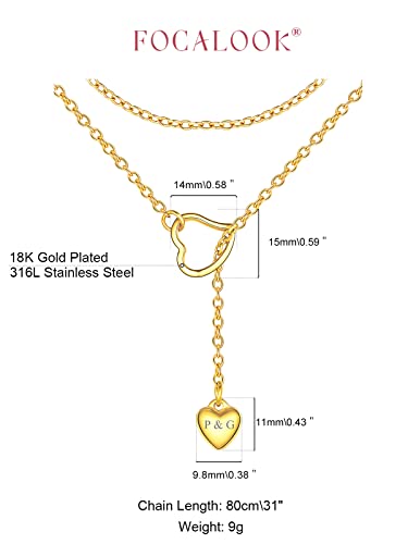 FOCALOOK Heart Lariat Necklaces for Women, Long Slip Chain Necklace | Hypoallergenic 316L Stainless Steel Silver/Black/Gold Plated, Front Slider Closure, Non Tarnish, Layered look, Everyday Wear - color: 06:Gold Heart-Custom