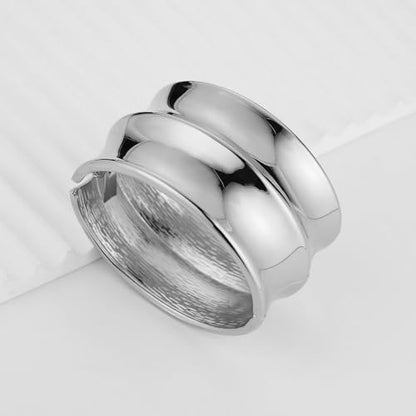 HZMAN Chunky Gold Cuff Bracelets for Women Thick Wide Bangle Bracelet Hammered Open Hinge Wrist Cuff Bracelet Jewelry Gift - color: 09.Polished 7In Silver