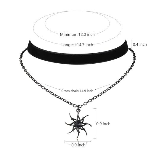 Gothic Layered Necklace, Black Velvet Choker with Dark Pendant | Soft Velvet Choker, Black Pendant, Layered Chain, Dark Academia Aesthetic, Alt Fashin Jewelry, Goth Gift for Women - style: Black Sun