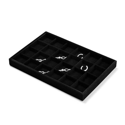 Black Velvet 24 Grid Divided Jewelry Display Organizer Tray | Soft black velvet 24-grid divided tray with sturdy base, stackable storage for small jewelry, home vanity & retail display - size: 24 Grid
