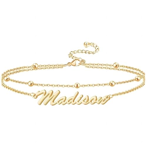 Custom Ankle for Women for Women 18K Gold Plated Adjustable Name Anklet Customized Beach Anklet Gifts - color: Name Anklet with Bead Chain