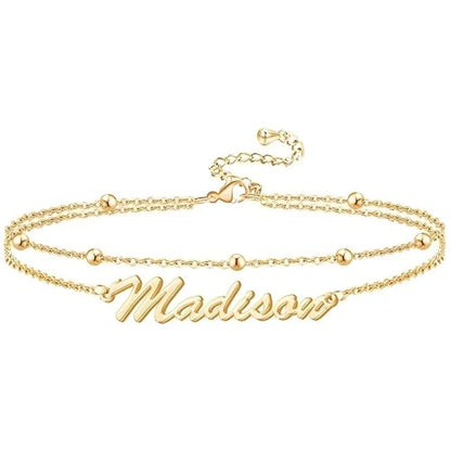 Custom Ankle for Women for Women 18K Gold Plated Adjustable Name Anklet Customized Beach Anklet Gifts - color: Name Anklet with Bead Chain