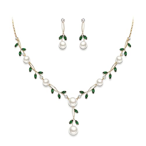 EVER FAITH Cubic Zirconia Pearl Leaf Vine Wedding Jewelry Set for Bride | Crystal Filigree Bridal Necklace Earrings, for Women Bridesmaid - color: 2pcs_Green Gold-Plated-Brass
