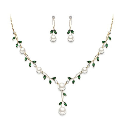 EVER FAITH Cubic Zirconia Pearl Leaf Vine Wedding Jewelry Set for Bride | Crystal Filigree Bridal Necklace Earrings, for Women Bridesmaid - color: 2pcs_Green Gold-Plated-Brass