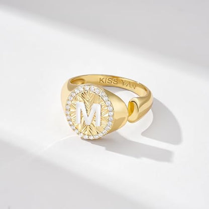 KissYan 14K Gold Plated Initial Ring for Women | Adjustable CZ Halo Letter Signet Ring, Personalized Monogram Statement Jewelry Gift, Tarnish Resistant - style: Letter M