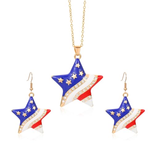 HUJUON American Flag Pendant Necklace Earring Set for Women 4th Of July Butterfly Drop Dangle Hook Earring Independence Day Usa Patriotic Choker Jewelry Gift - color: Star Gold