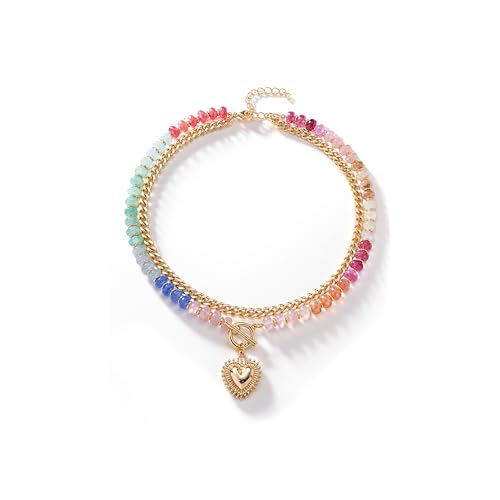 Colorful Acrylic Beaded Necklace For Women, Boho Double Layer Rainbow Beads Thick Cuban Chain Chunky Heart Pendant Statement Choker Summer Beach Jewelry Gift - color: Colorful Beaded Gold