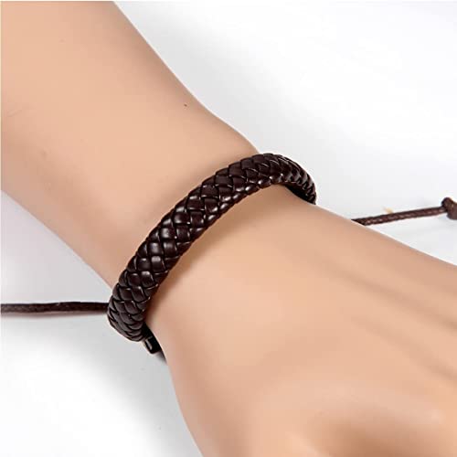 Leather Surfer Cuff Bracelet: Adjustable Braided Rope Woven Wrap Wristband for Men Women, Fit 7.6-10.6 inch Wrist - color: Brown