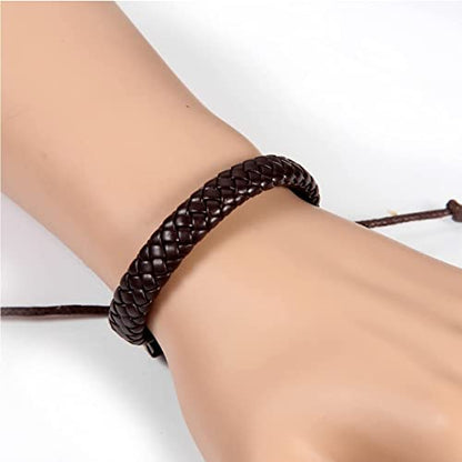 Leather Surfer Cuff Bracelet: Adjustable Braided Rope Woven Wrap Wristband for Men Women, Fit 7.6-10.6 inch Wrist - color: Brown