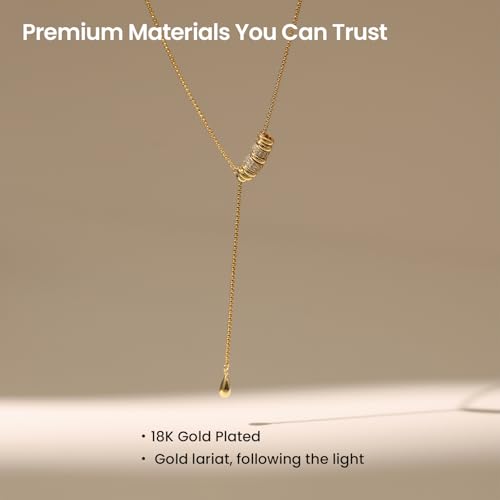 ARSIS Lariat Long Gold Necklace for Women, 18K Gold/Platinum Plated Y-Shaped Drop Dangle Pendant Necklace, Long Adjustable Pull Slider Chain Jewelry Gift for Her - color: Gold-teardrop slider
