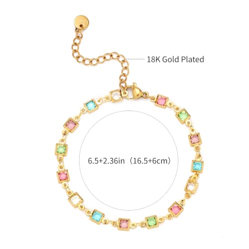 Dainty Gold Bracelets for Women, 18 Gold Plated Adjustable Evil Eye/Butterfly/Beaded/Pearl/Heart/Turquoise Handmade Bracelet for Women - style: square colorful cubic zirconia