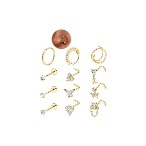 REVOLIA 12Pcs 20G Nose Ring Set 316L Stainless Steel Nose Rings Hoop for Women CZ L Shaped Studs Dangle Heart Butterfly Screw Nose Studs Cute Threadless Flat Back Nose Piercings Jewelry - color: Gold